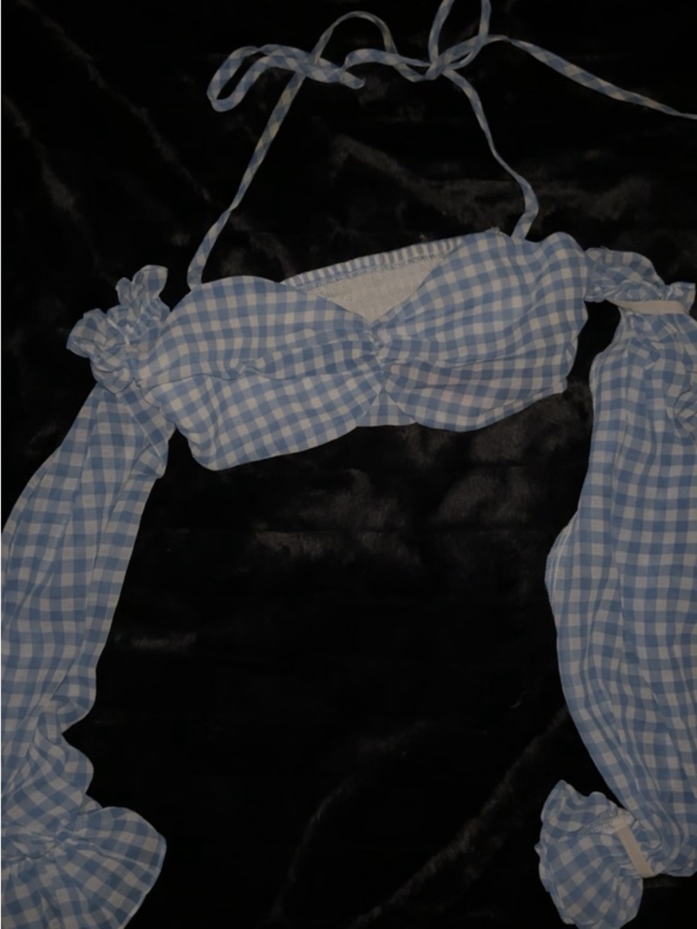 ROMWE Blue and White Gingham Off-Shoulder Crop Top